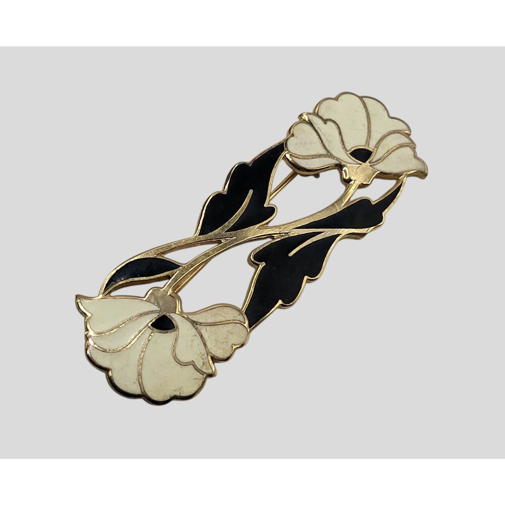 Vintage Beaucraft Enamel Floral Brooch Black Cream Gold Tone Mid Century